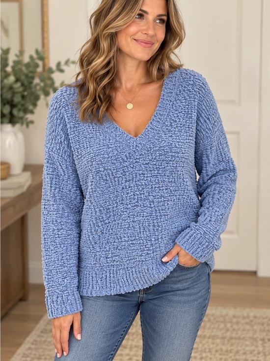 Zenana Sweaters - Zenana Outfitters Blue Plush V-Neck Sweater cozy soft girl casual relaxed fall